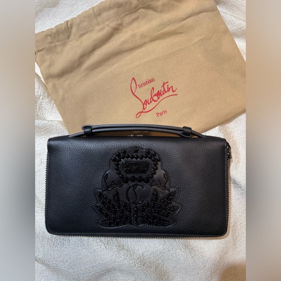 NEW Christian Louboutin Panettone Studs Logo Black Purse Zip Clutch Big Wallet - Picture 2 of 16